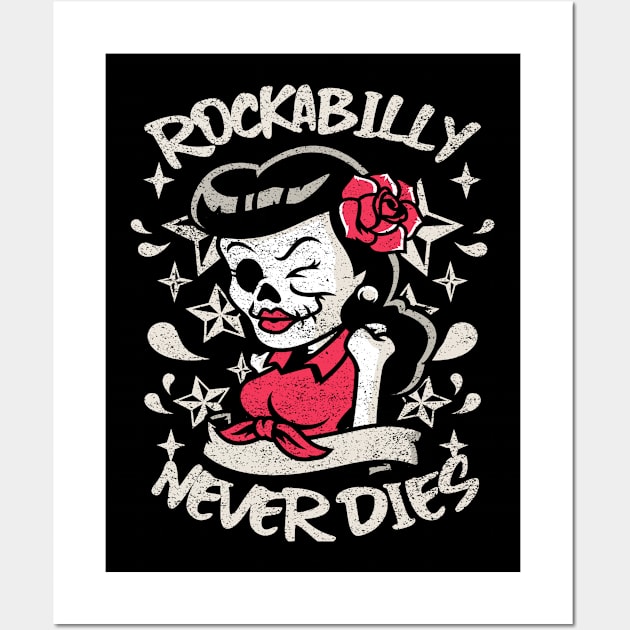 Vintage Rockabilly Never Dies Skull Red Rose Wall Art by Sassee Designs